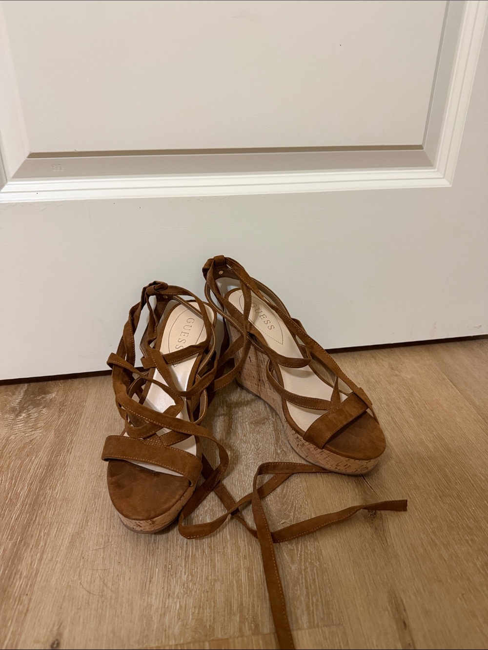 GUESS Tan Suede Lace-Up Cork Wedge Sandals
